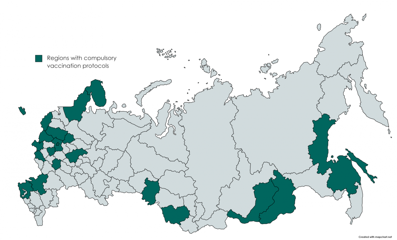 Russian regions that have introduced compulsory vaccination as of July 5. MT